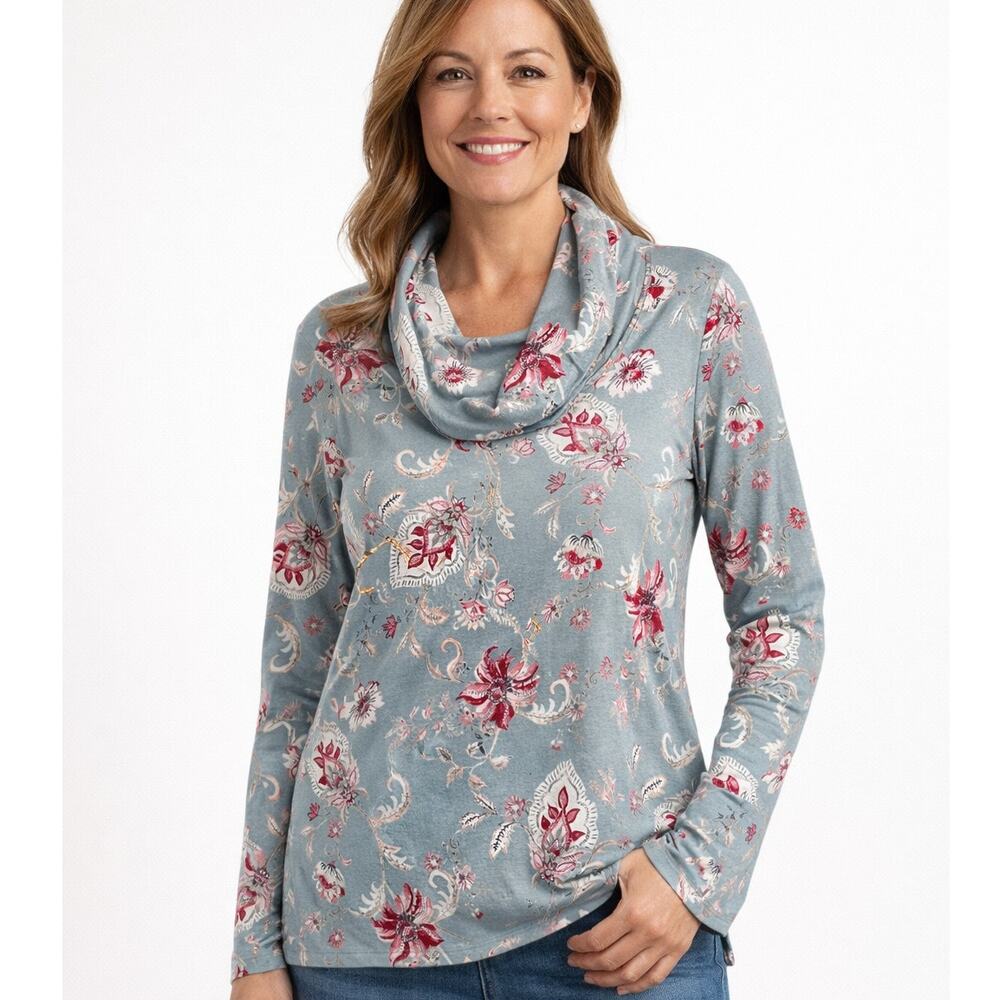 Chicos Floral Cowl Neck Top Size 2 (Womens Large) Light Blue Berry Casual Soft